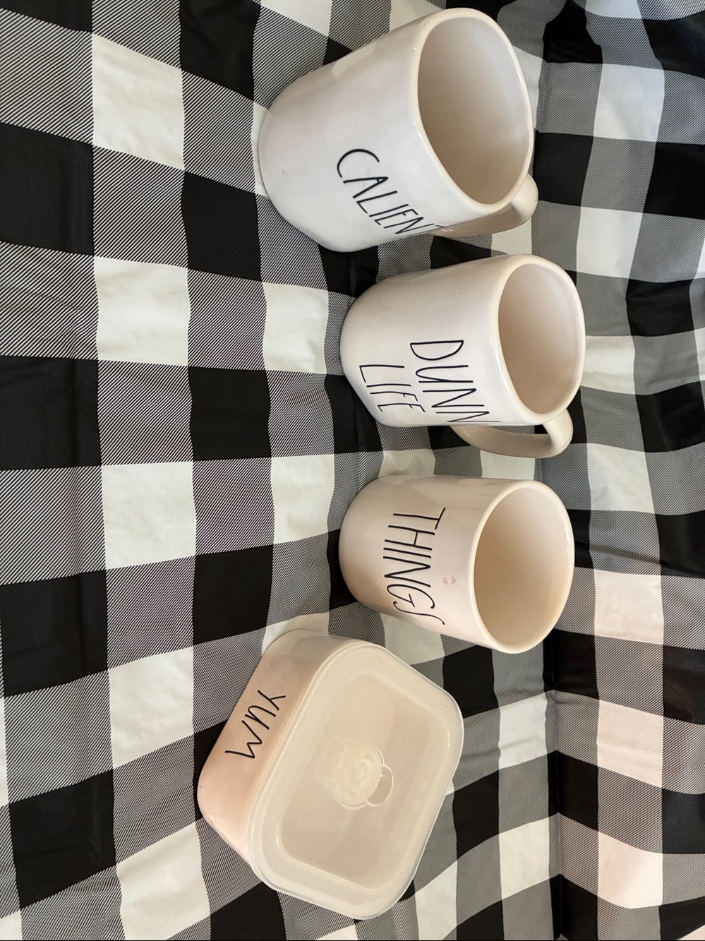 Rae Dunn 4-piece Kitchen Bundle: 2 mugs, 1 canister & 1 YUM storage container